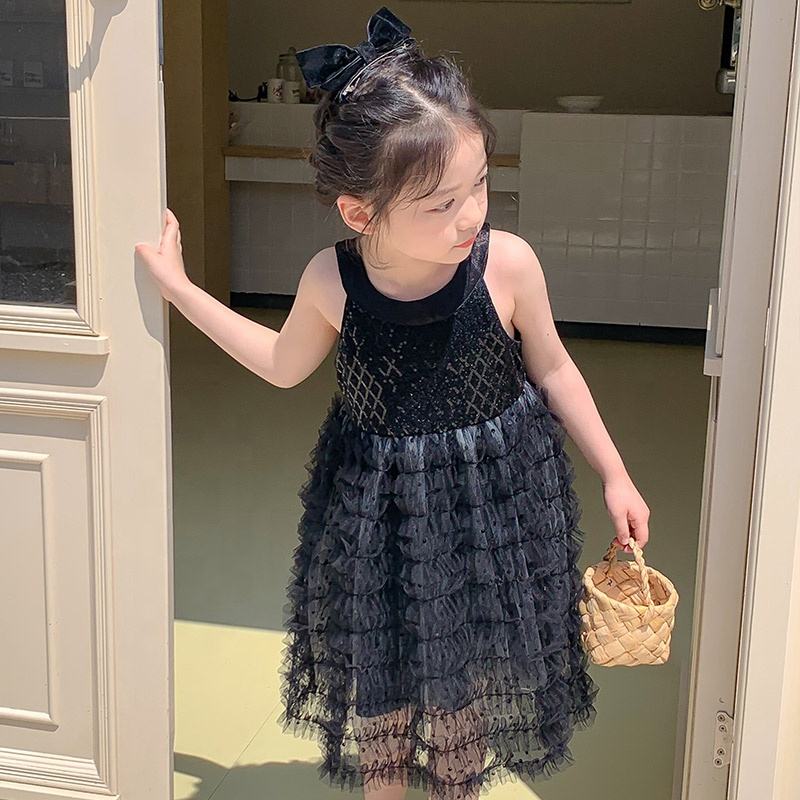 Summer Girls High Quality Black Dress Custom Children Clothing Wholesale Pattern Sleeveless Solid Black Dress 66442