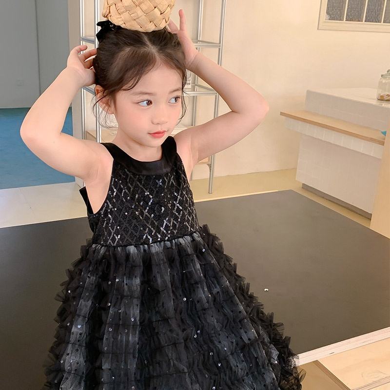 Summer Girls High Quality Black Dress Custom Children Clothing Wholesale Pattern Sleeveless Solid Black Dress 66442