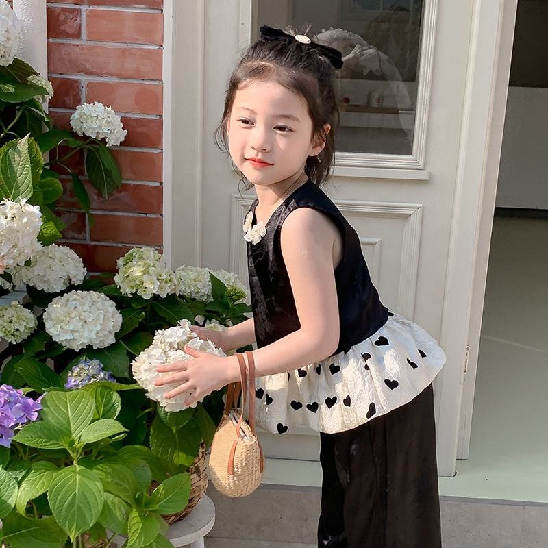 New Arrival Summer Girls High Quality Suit Custom Children Clothing Wholesale Black Sleeveless Solid Set 66467