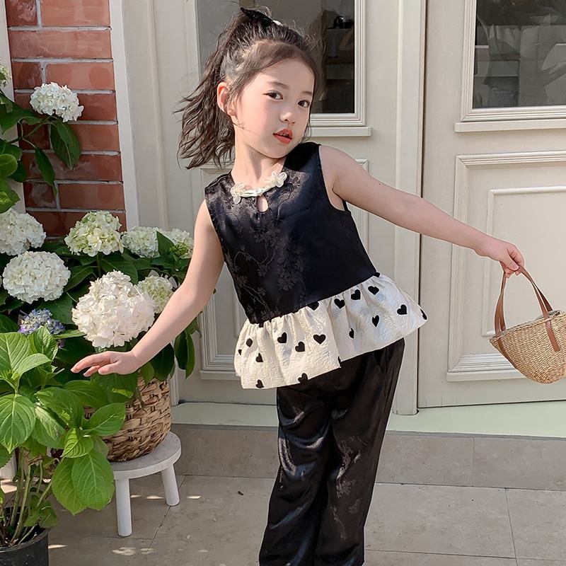 New Arrival Summer Girls High Quality Suit Custom Children Clothing Wholesale Black Sleeveless Solid Set 66467