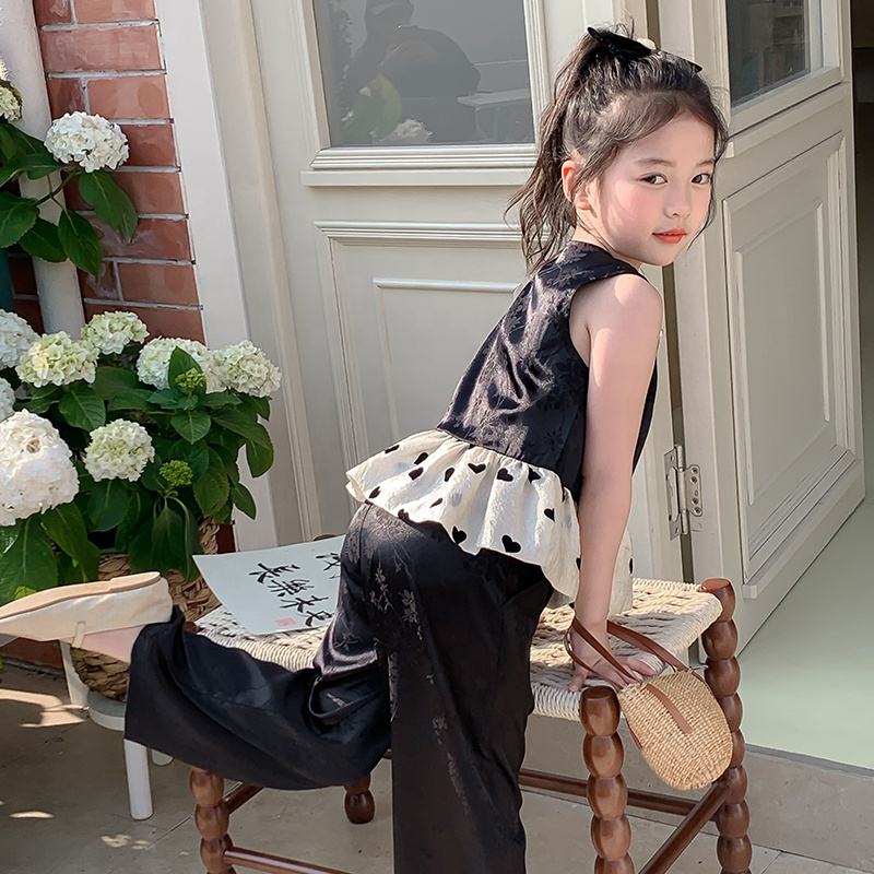 New Arrival Summer Girls High Quality Suit Custom Children Clothing Wholesale Black Sleeveless Solid Set 66467