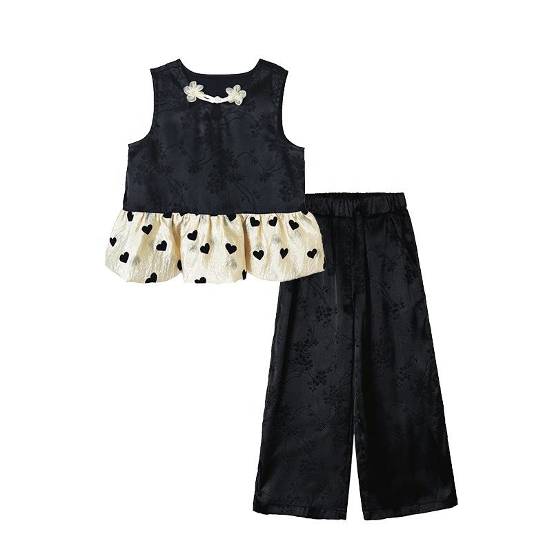 New Arrival Summer Girls High Quality Suit Custom Children Clothing Wholesale Black Sleeveless Solid Set 66467