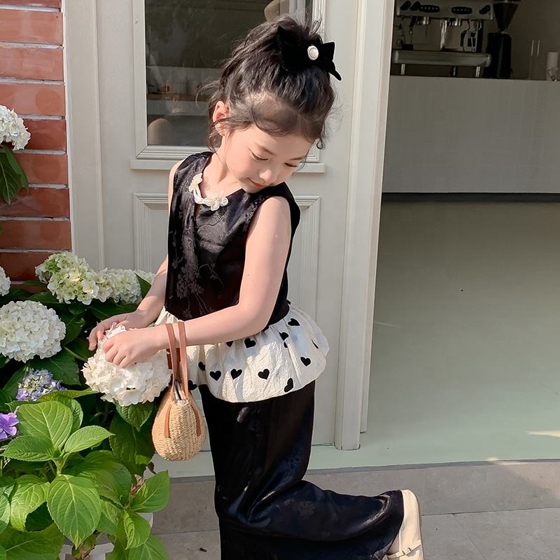 New Arrival Summer Girls High Quality Suit Custom Children Clothing Wholesale Black Sleeveless Solid Set 66467