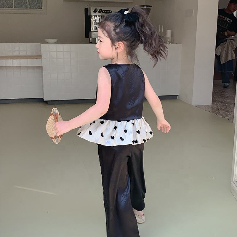 New Arrival Summer Girls High Quality Suit Custom Children Clothing Wholesale Black Sleeveless Solid Set 66467