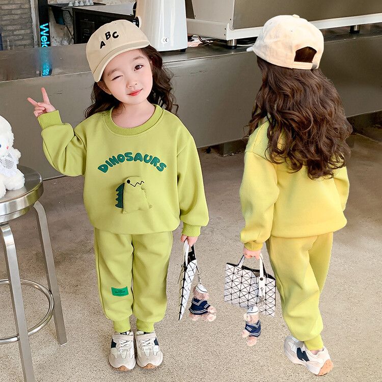 Girls' Dinosaur Print Sweatshirt and Jogger Pants Set Cozy Two-Piece Sportswear Outfit for Toddlers and Kids