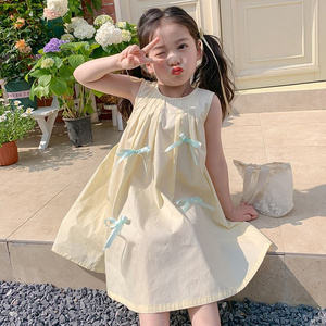 Summer Girls High Quality Dress Custom Children Clothing Wholesale Sleeveless Bows Beige Dress For Girls 66460