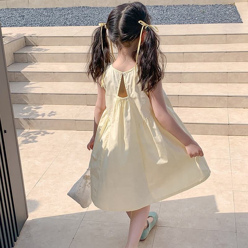 Summer Girls High Quality Dress Custom Children Clothing Wholesale Sleeveless Bows Beige Dress For Girls 66460