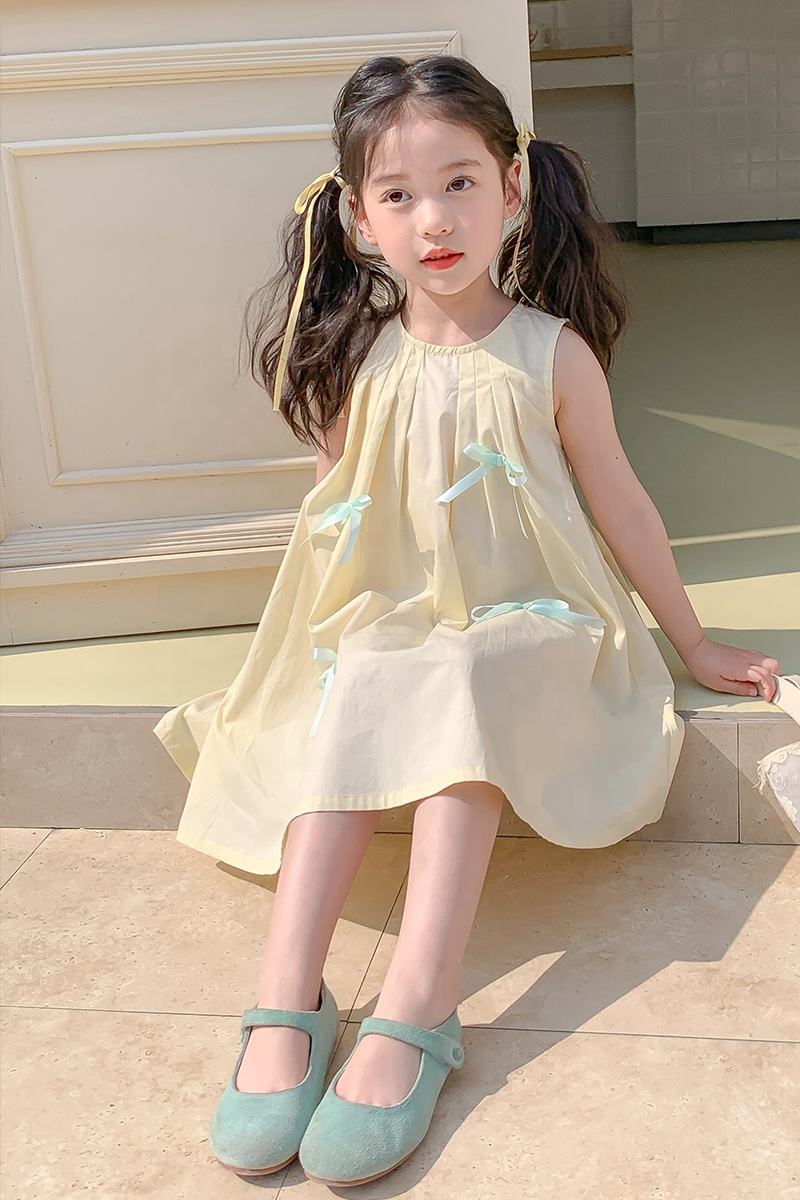 Summer Girls High Quality Dress Custom Children Clothing Wholesale Sleeveless Bows Beige Dress For Girls 66460