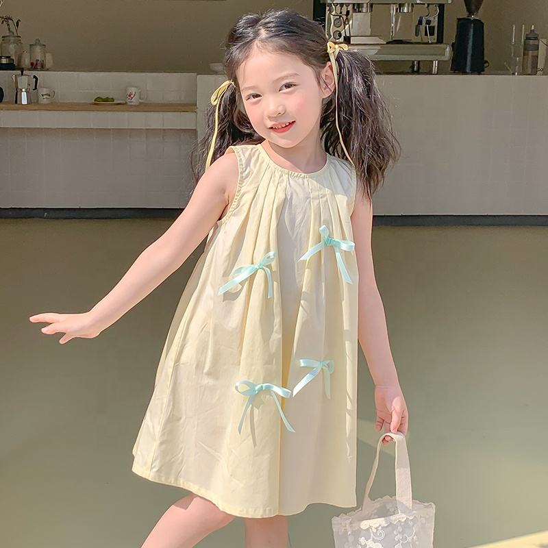 Summer Girls High Quality Dress Custom Children Clothing Wholesale Sleeveless Bows Beige Dress For Girls 66460