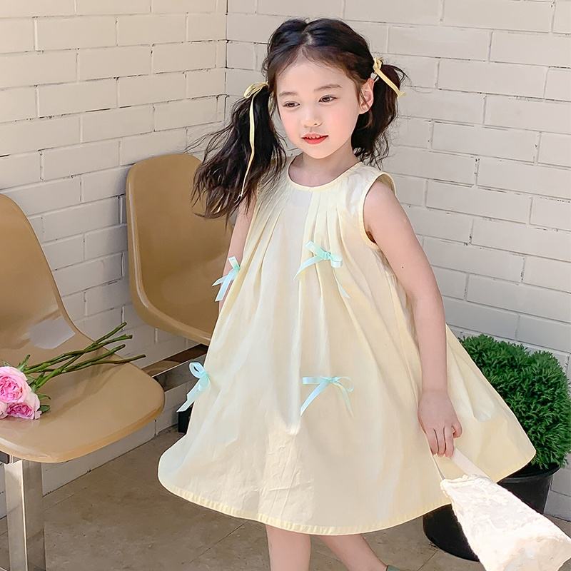 Summer Girls High Quality Dress Custom Children Clothing Wholesale Sleeveless Bows Beige Dress For Girls 66460