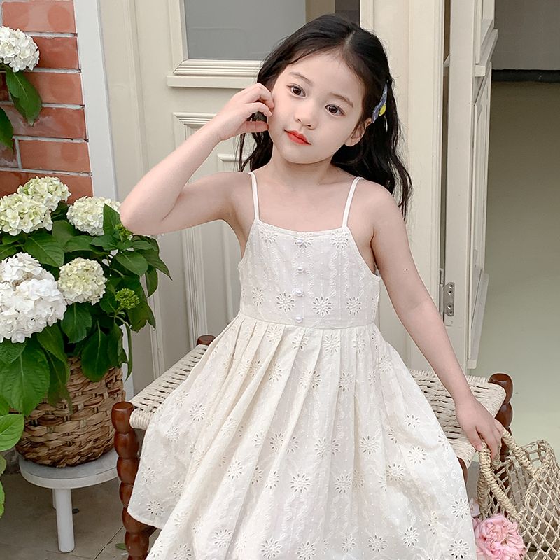 Summer Girls High Quality Dress Princess Custom Children Clothing Wholesale Sleeveless Beige Dress 66486