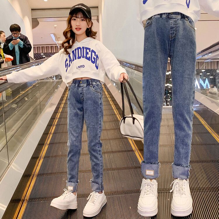 Girls' Slim-Fit High-Waisted Denim Jeans with Adjustable Buttoned Cuff - Trendy and Comfortable Casual Pants for Kids