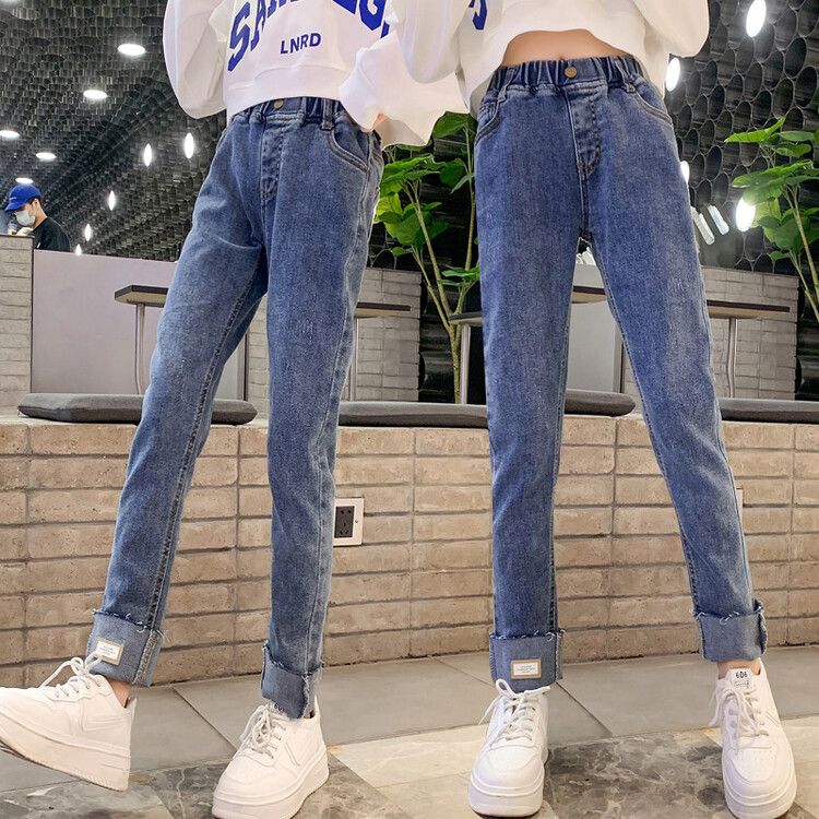 Girls' Slim-Fit High-Waisted Denim Jeans with Adjustable Buttoned Cuff - Trendy and Comfortable Casual Pants for Kids