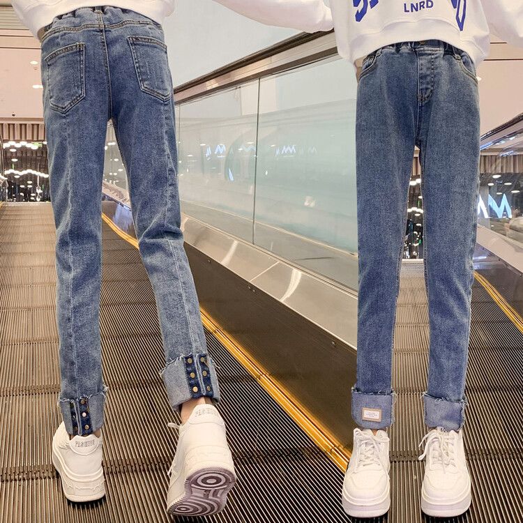 Girls' Slim-Fit High-Waisted Denim Jeans with Adjustable Buttoned Cuff - Trendy and Comfortable Casual Pants for Kids