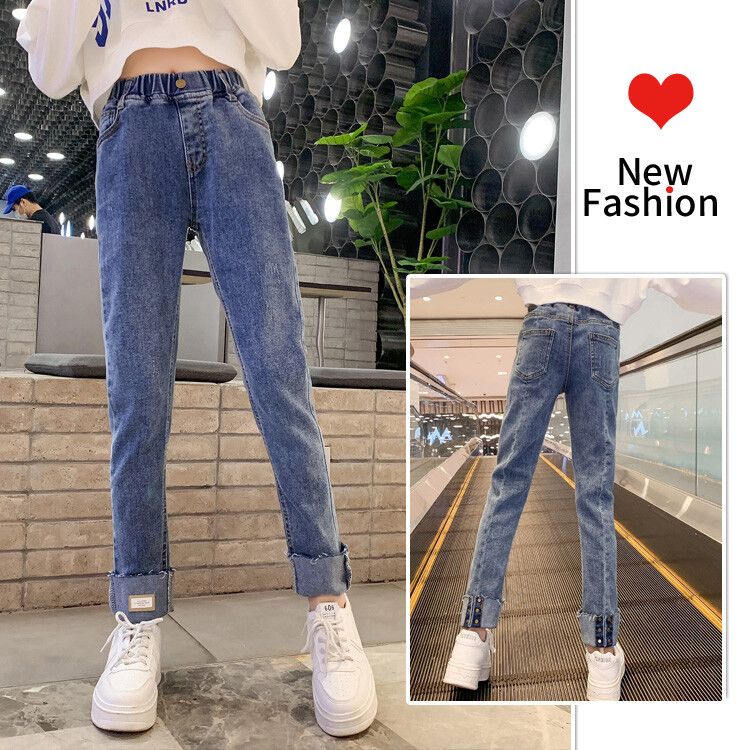 Girls' Slim-Fit High-Waisted Denim Jeans with Adjustable Buttoned Cuff - Trendy and Comfortable Casual Pants for Kids