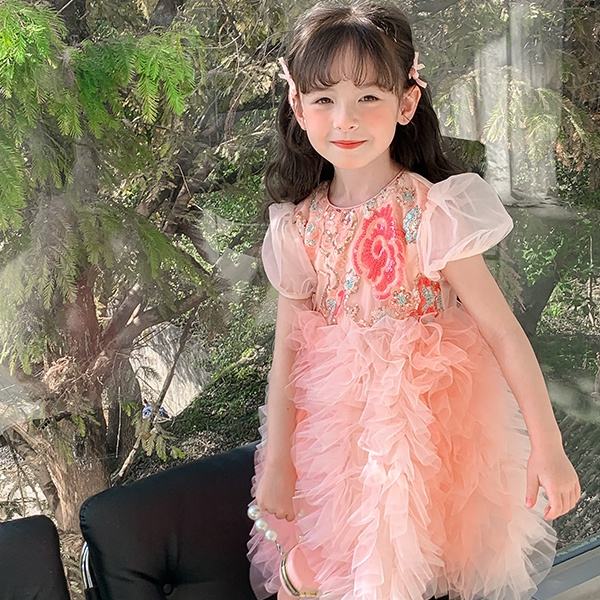 2024 Summer Sweet Princess Short Sleeves Design Dress for Baby Girls Pink Flower Puffy Children's Clothing Teenage Party Dress