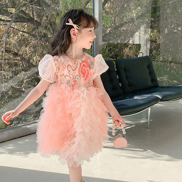 2024 Summer Sweet Princess Short Sleeves Design Dress for Baby Girls Pink Flower Puffy Children's Clothing Teenage Party Dress