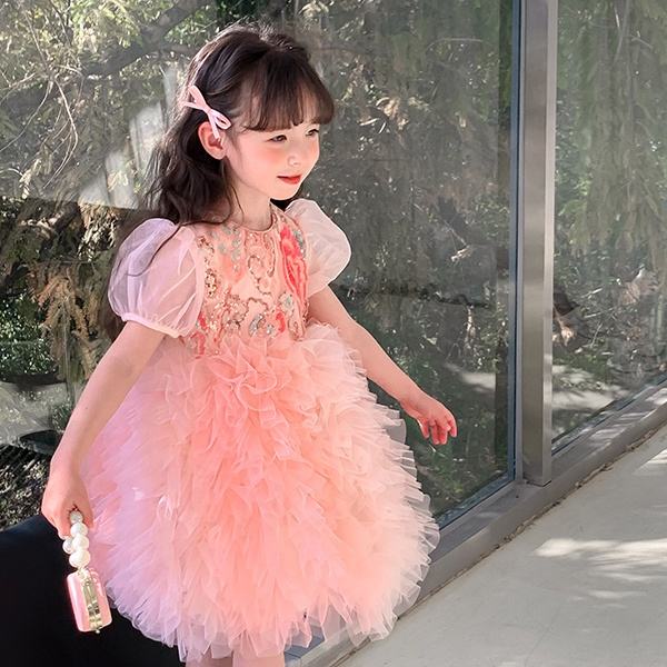 2024 Summer Sweet Princess Short Sleeves Design Dress for Baby Girls Pink Flower Puffy Children's Clothing Teenage Party Dress