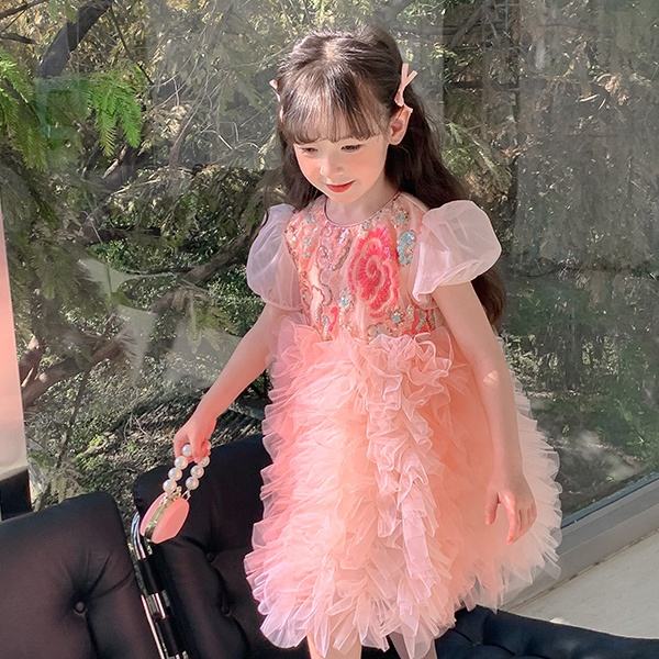 2024 Summer Sweet Princess Short Sleeves Design Dress for Baby Girls Pink Flower Puffy Children's Clothing Teenage Party Dress