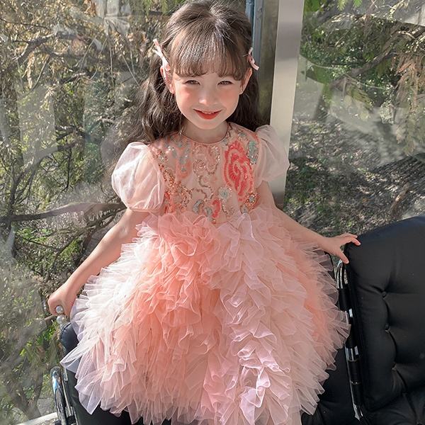 2024 Summer Sweet Princess Short Sleeves Design Dress for Baby Girls Pink Flower Puffy Children's Clothing Teenage Party Dress