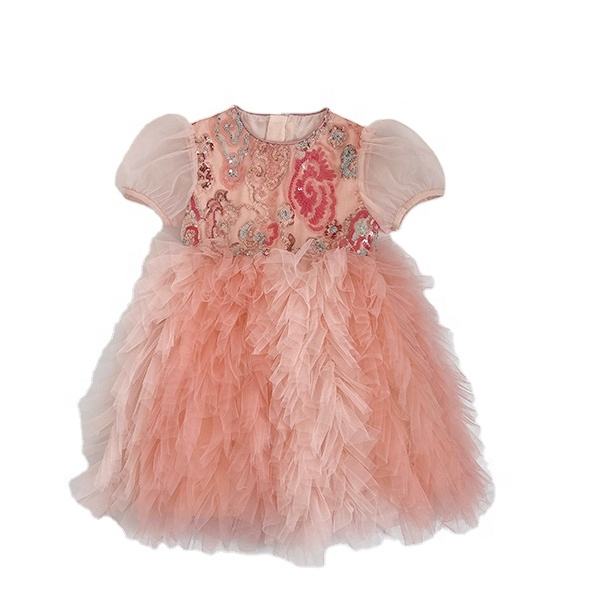 2024 Summer Sweet Princess Short Sleeves Design Dress for Baby Girls Pink Flower Puffy Children's Clothing Teenage Party Dress