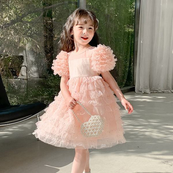 2024 Boutique New Summer Sweet Pink Short Sleeves Princess Dress Girl's Birthday Party Clothing Baby Kids Clothes