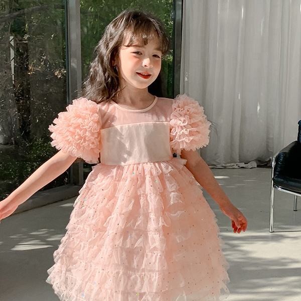 2024 Boutique New Summer Sweet Pink Short Sleeves Princess Dress Girl's Birthday Party Clothing Baby Kids Clothes