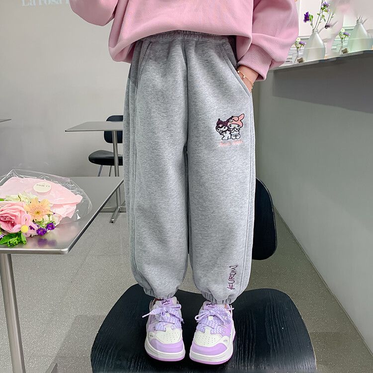 Girls' Cute Cartoon Print Jogger Sweatpants - Soft Fleece-Lined Casual Pants with Elastic Waistband