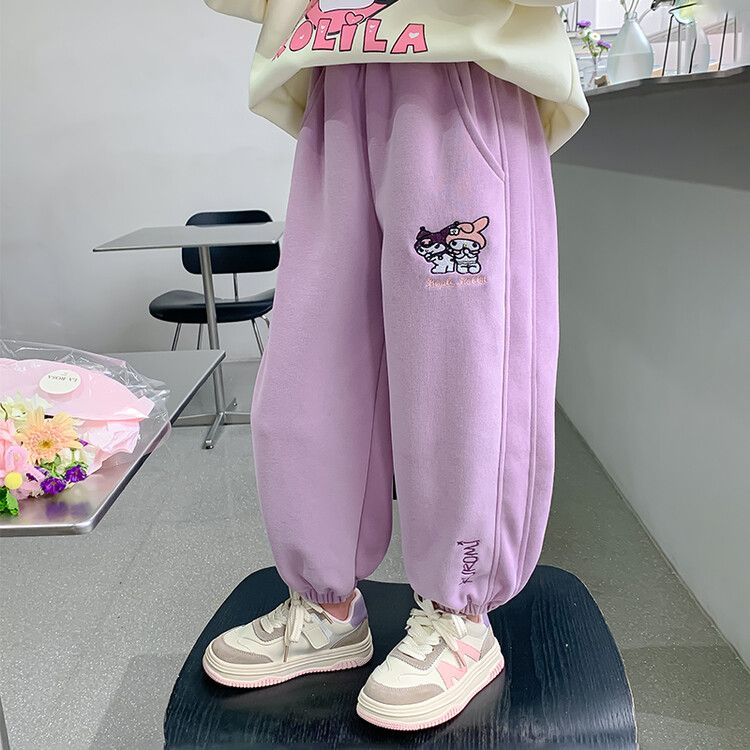 Girls' Cute Cartoon Print Jogger Sweatpants - Soft Fleece-Lined Casual Pants with Elastic Waistband