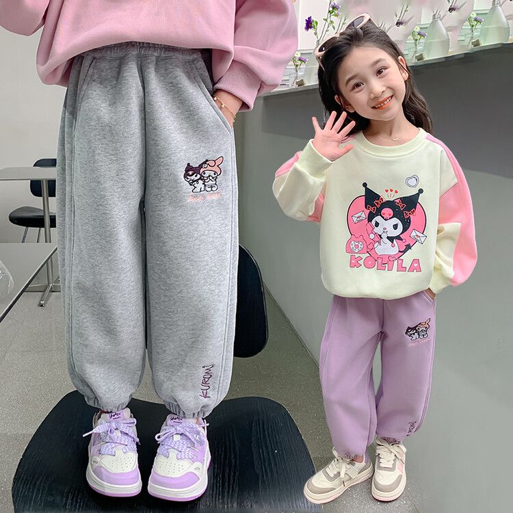 Girls' Cute Cartoon Print Jogger Sweatpants - Soft Fleece-Lined Casual Pants with Elastic Waistband