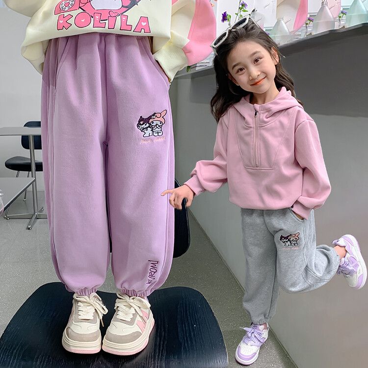 Girls' Cute Cartoon Print Jogger Sweatpants - Soft Fleece-Lined Casual Pants with Elastic Waistband