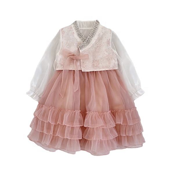 2024 New Fashion Spring Two-pieces Wedding Party Dress Set Pink Sleeveless Dress Plus White Beaded Coat with Bow for Baby Girls