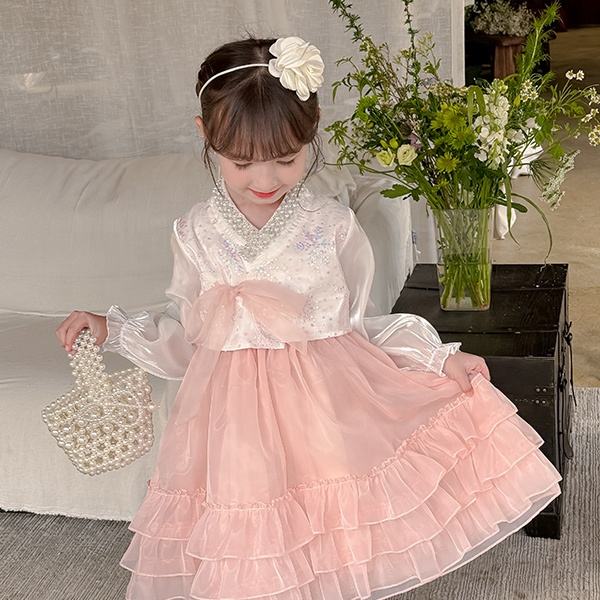 2024 New Fashion Spring Two-pieces Wedding Party Dress Set Pink Sleeveless Dress Plus White Beaded Coat with Bow for Baby Girls