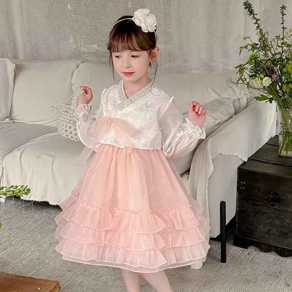 2024 New Fashion Spring Two-pieces Wedding Party Dress Set Pink Sleeveless Dress Plus White Beaded Coat with Bow for Baby Girls