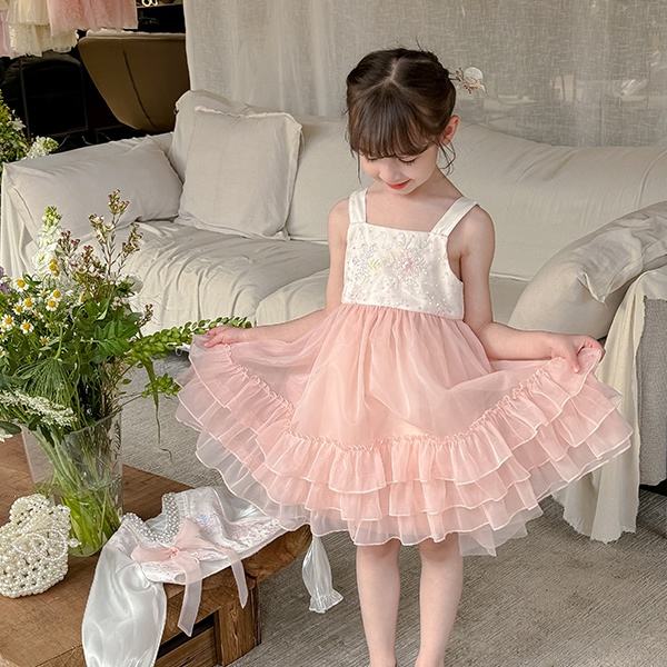 2024 New Fashion Spring Two-pieces Wedding Party Dress Set Pink Sleeveless Dress Plus White Beaded Coat with Bow for Baby Girls