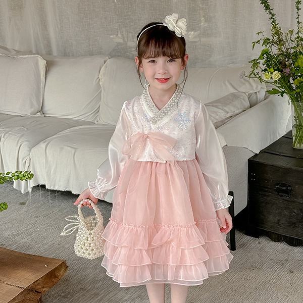 2024 New Fashion Spring Two-pieces Wedding Party Dress Set Pink Sleeveless Dress Plus White Beaded Coat with Bow for Baby Girls