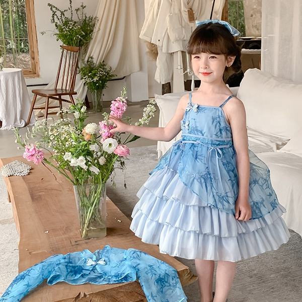 Latest Design Summer Two-Piece Dresses Bamboo Design Clothing for Baby Girls Princess Party Wear Dress with Bow