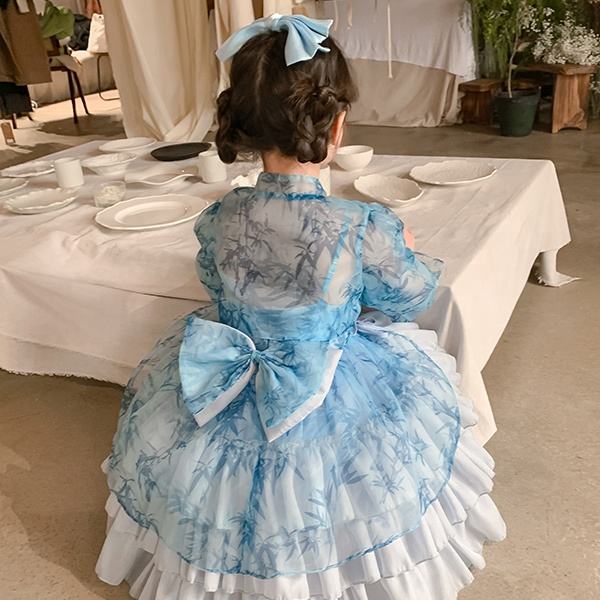 Latest Design Summer Two-Piece Dresses Bamboo Design Clothing for Baby Girls Princess Party Wear Dress with Bow