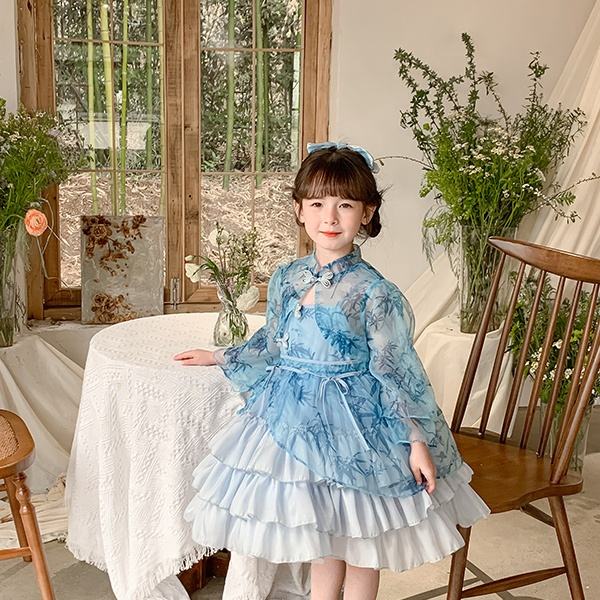 Latest Design Summer Two-Piece Dresses Bamboo Design Clothing for Baby Girls Princess Party Wear Dress with Bow