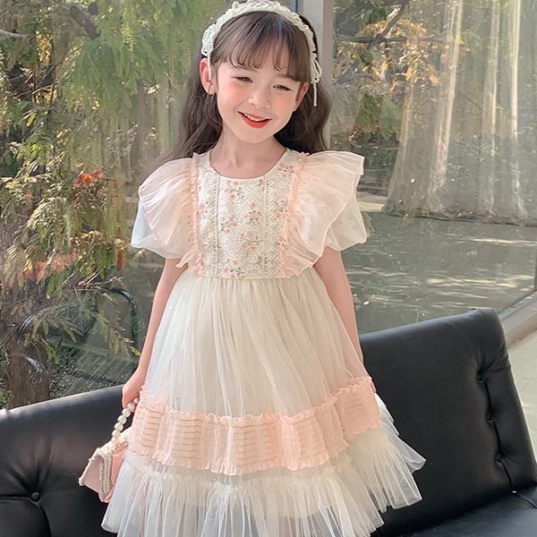 Boutique Wholesale Summer Short Sleeves Flower Girl's Dress Latest Fancy Design Princess Style Clothing for Children