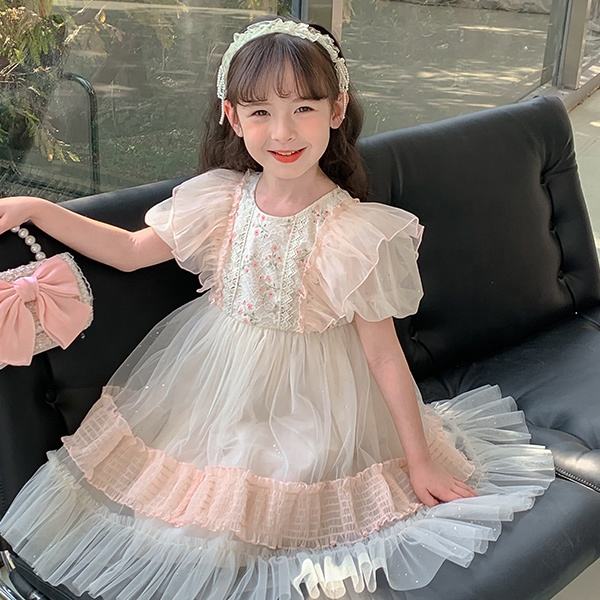 Boutique Wholesale Summer Short Sleeves Flower Girl's Dress Latest Fancy Design Princess Style Clothing for Children