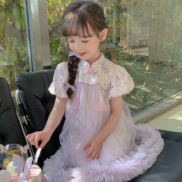 2024 Summer Boutique Wholesale Fancy Design Girl's Dress Flower Kid's Clothing Chinese Style Birthday Party Dress for Children