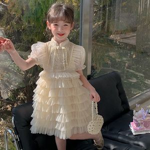 2024 Boutique Wholesale Plain Color Cake Dress for Baby Girls Chinese Style Clothing for Children Sweet Birthday Party Dress