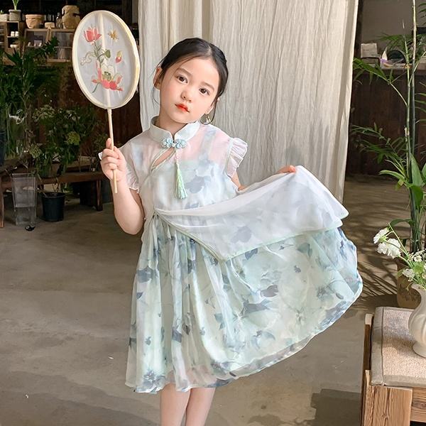 Two Pieces Summer Chinese Style Girl's Dress Green Flower Sleeveless Clothing Teenage Wedding Party Dress for Kids