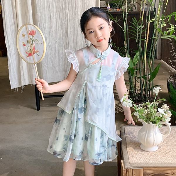 Two Pieces Summer Chinese Style Girl's Dress Green Flower Sleeveless Clothing Teenage Wedding Party Dress for Kids