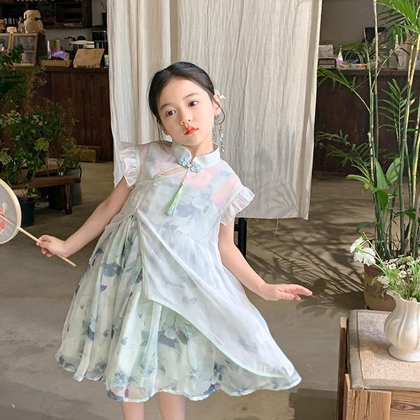 Two Pieces Summer Chinese Style Girl's Dress Green Flower Sleeveless Clothing Teenage Wedding Party Dress for Kids