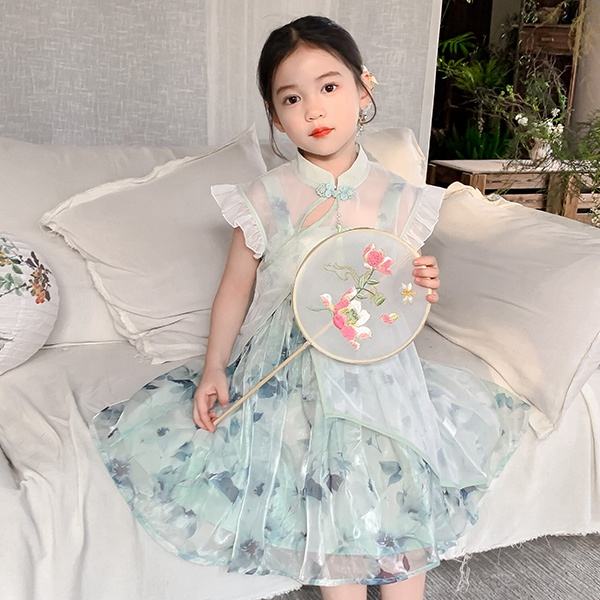 Two Pieces Summer Chinese Style Girl's Dress Green Flower Sleeveless Clothing Teenage Wedding Party Dress for Kids