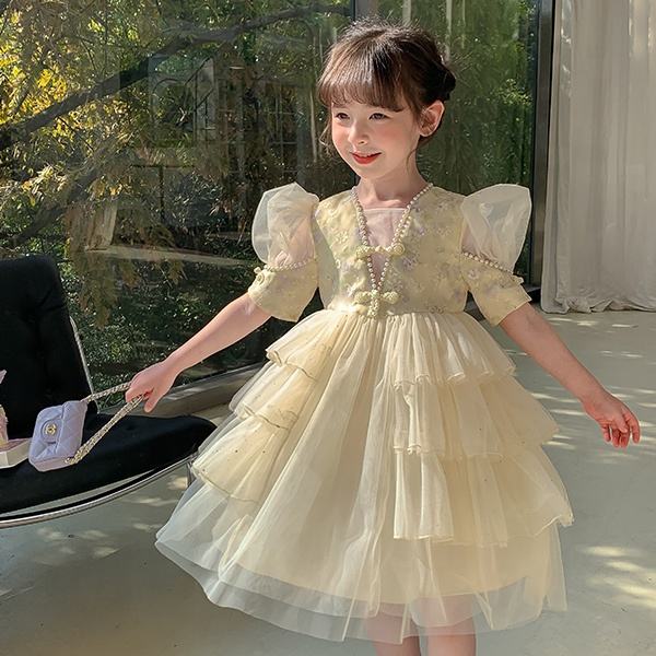 Boutique Fancy Design Puff Sleeves Chinese Style Girl's Dress for Baby Kids Sweet Birthday Party Clothing Flower Dress