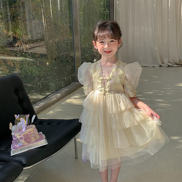 Boutique Fancy Design Puff Sleeves Chinese Style Girl's Dress for Baby Kids Sweet Birthday Party Clothing Flower Dress