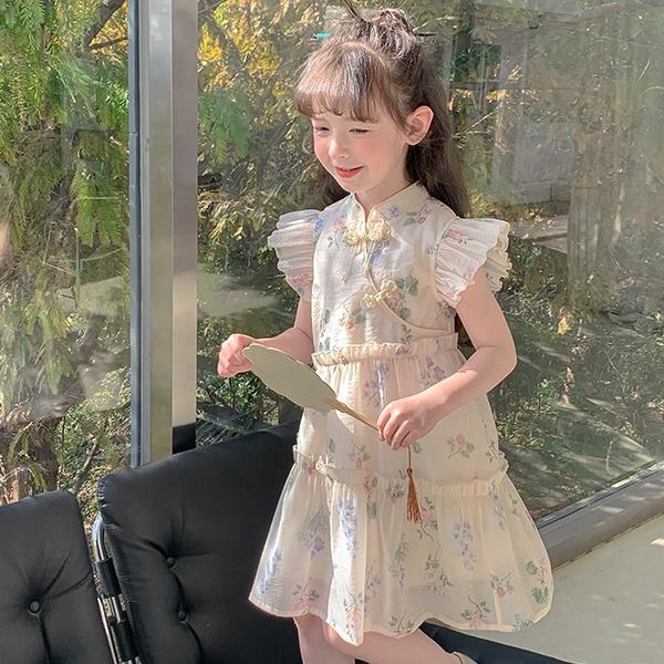 2024 Wholesale Boutique Latest Fancy Design Flower Girl's Dress Summer Princess Clothing for Kids Chinese Style Clothes